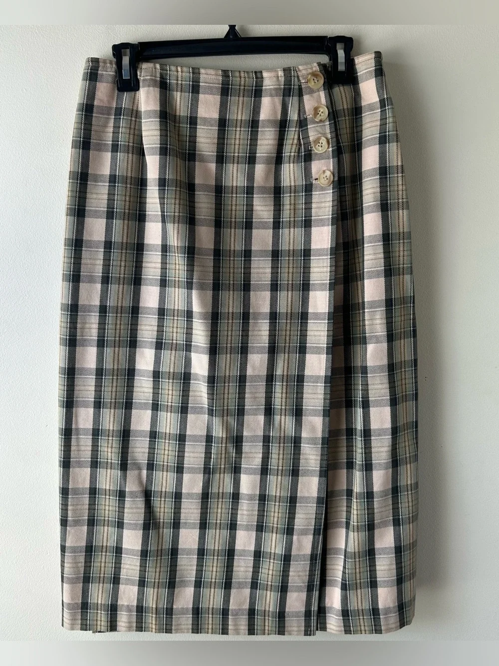 Talbots Vintage Petites 100% Cotton Midi Skirt Plaid Tan Green 12P